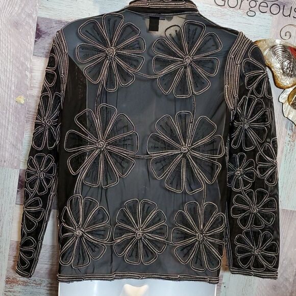 Stonebridge Signature L Black White Floral Weave ZipUp Sheer Cardigan Blouse 524 - Picture 7 of 9